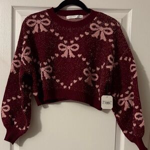 Altar'd State Cropped Sweater Bows Double Sided Wine/Rose Size Small NWT